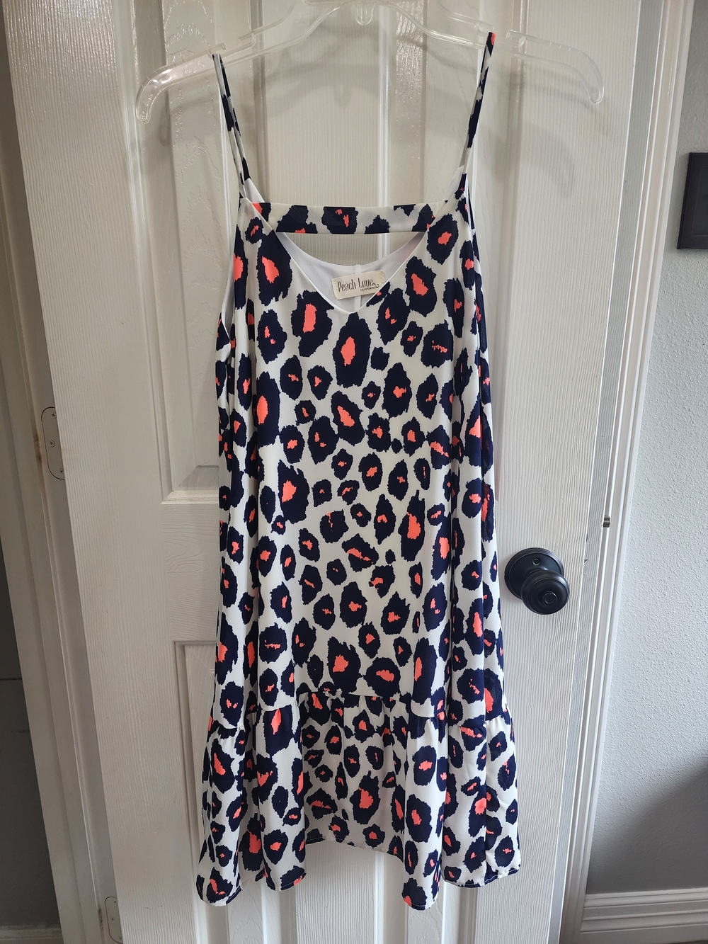 Peach Love California Navy Pale Gray & Neon Coral Leopard Print Dress